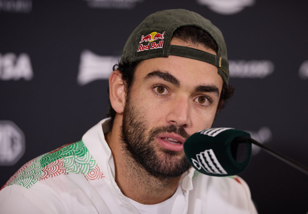 Matteo Berrettini speaks during a press conference ahead of the Davis Cup Finals in Bologna.
