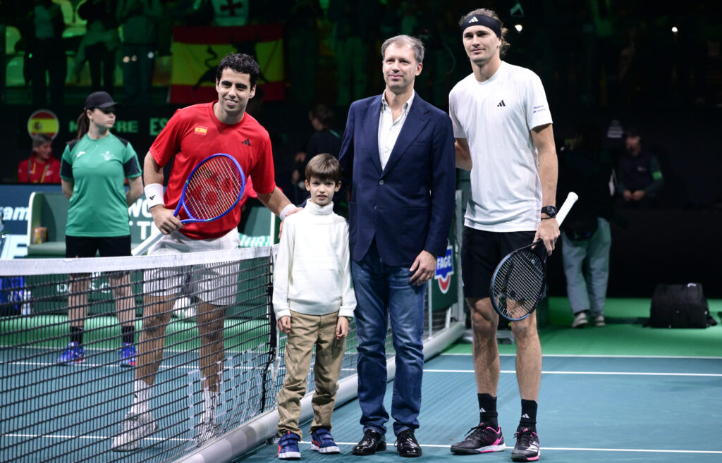 Jaume Munar and Alexander Zverev pictured before their match at the 2025 Davis Cup Finals in Bologna.