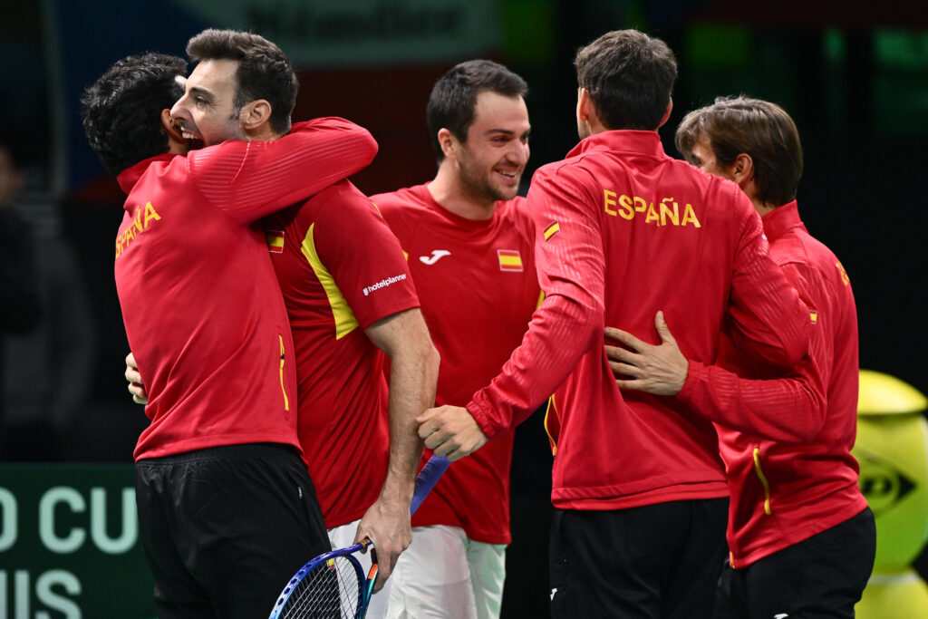 Spain celebrate their win over Czechia at the 2025 Davis Cup Finals