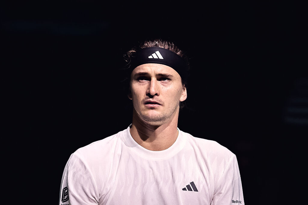 Alexander Zverev looks on during Germany's quarterfinal against Argentina at the 2025 Davis Cup Finals in Bologna.