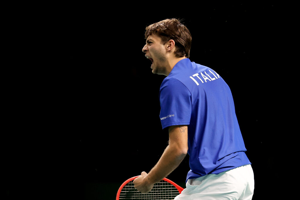 Flavio Cobolli celebrates during his win over Zizou Bergs at the 2025 Davis Cup Finals