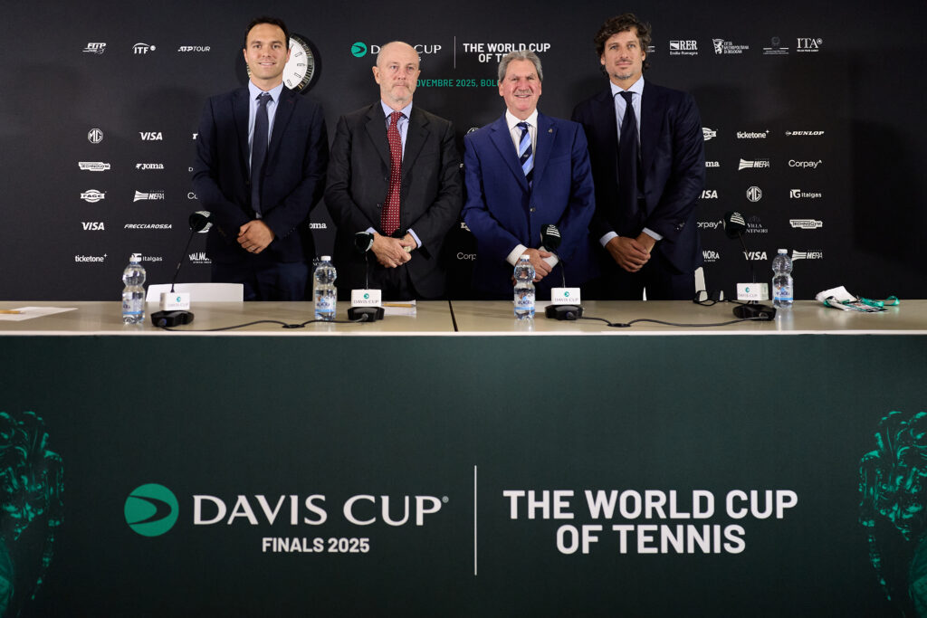 ITF CEO Ross Hutchins, FITP President Angelo Binaghi, ITF President David Haggarty and Davis Cup Finals tournament director Feliciano Lopez pictured at a press conference in Bologna.