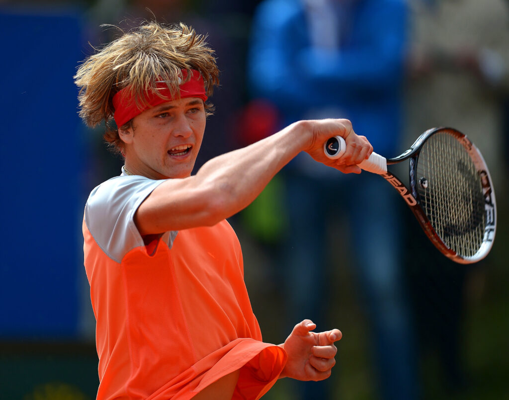 Alexander Zverev plays a forehand during his match against Jurgen Melzer at the 2014 BMW Open in Munich.