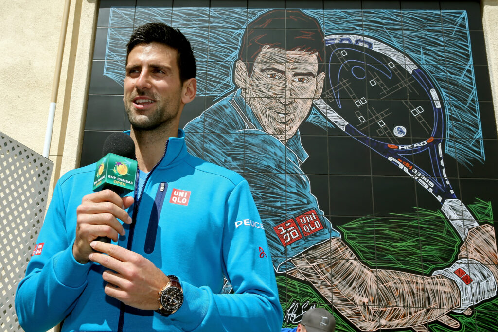 Novak Djokovic addresses a crowd gathered at Indian Wells in 2016