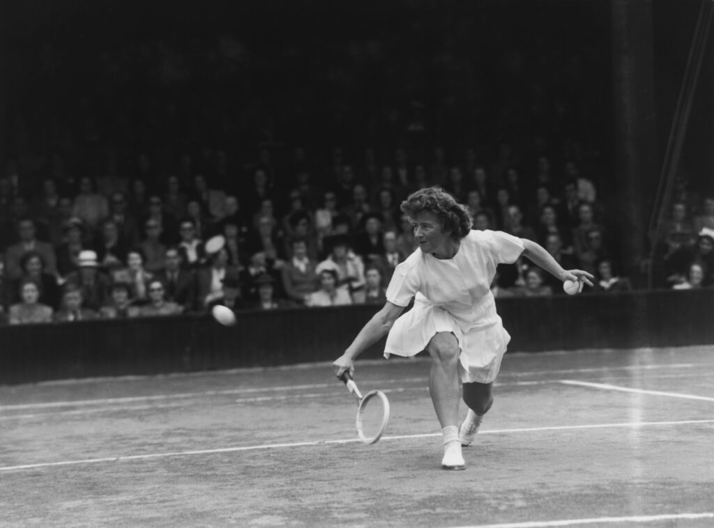 Dorothy Cheney in action at Wimbledon in 1946