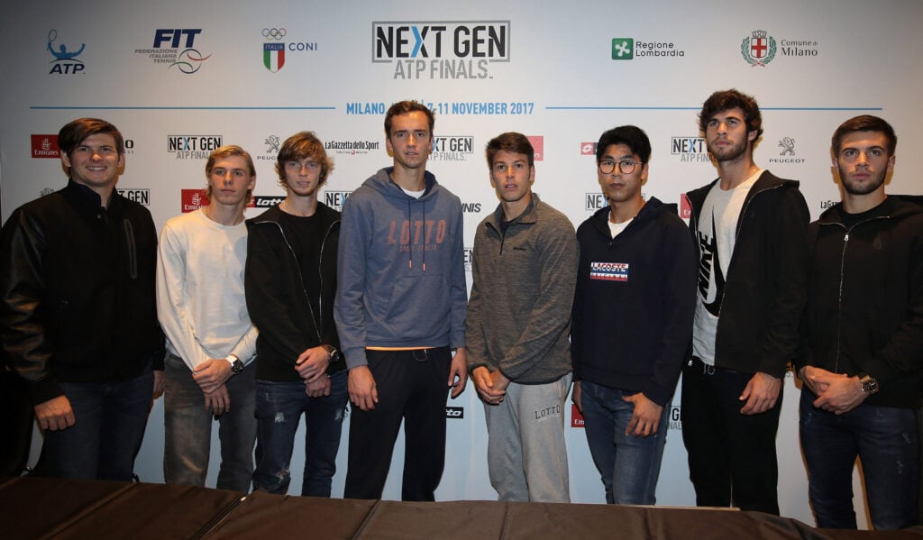 Jared Donaldson, Denis Shapovalov, Andrey Rublev, Daniil Medvedev, Gianluigi Quinzi, Hyeon Chung, Karen Khachanov and Borna Coric pose during the Next Gen ATP Finals Media Day.