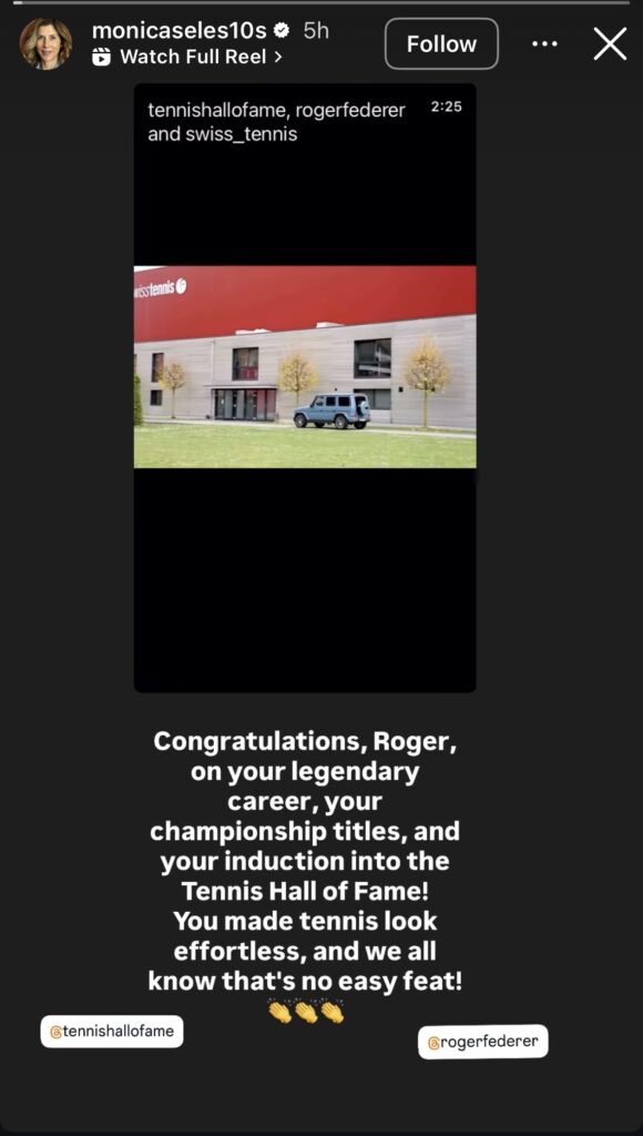 Monica Seles congratulates Roger Federer on Instagram after he is announced as the 2026 inductee into the International Tennis Hall of Fame.