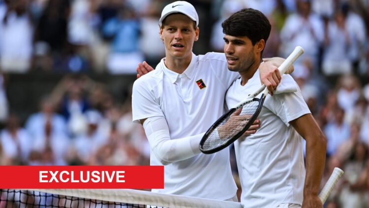 Image of Carlos Alcaraz and Jannik Sinner embracing after the 2025 Wimbledon final