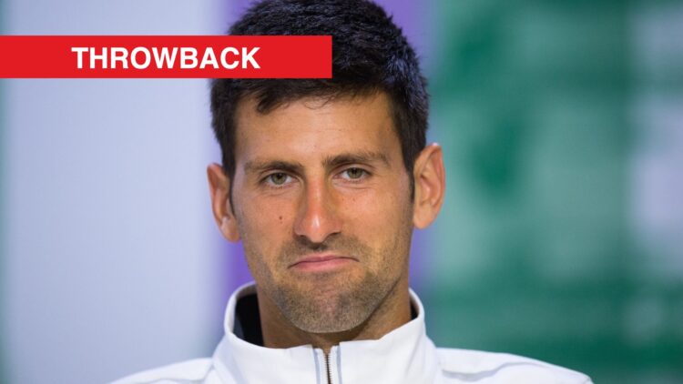 Novak Djokovic reacting in a Wimbledon 2017 press conference, with a throwback label.