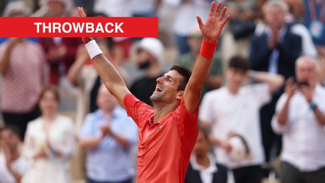 Novak Djokovic celebrates after winning the 2023 French Open, with a throwback label.