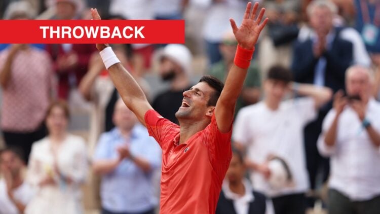 Novak Djokovic celebrates after winning the 2023 French Open, with a throwback label.