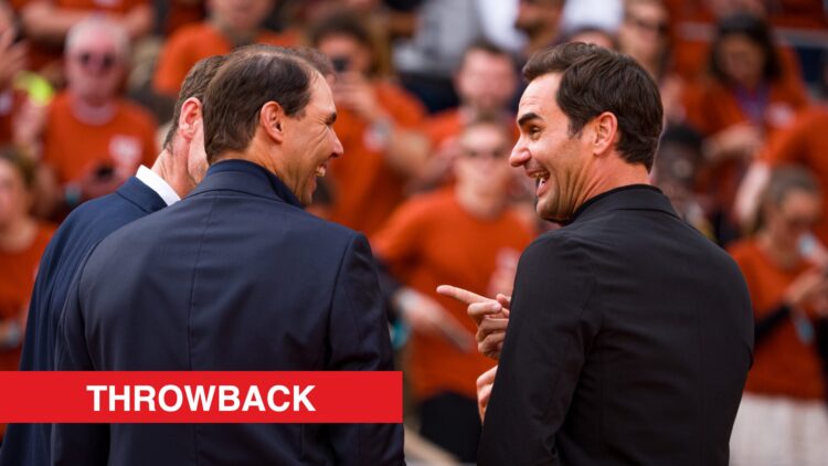 Roger Federer and Rafael Nadal react at a ceremony at the French Open in 2025.