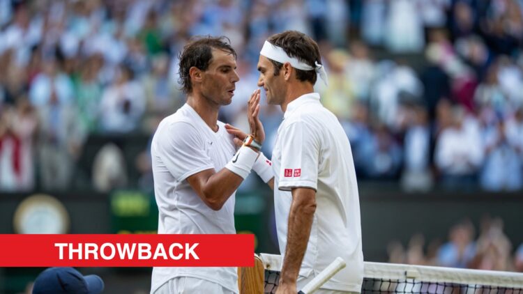 Roger Federer and Rafael Nadal embrace at Wimbledon in 2019, with a throwback label.