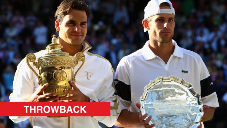 Roger Federer and Andy Roddick holding their trophies after the 2009 Wimbledon final, with a throwback label.