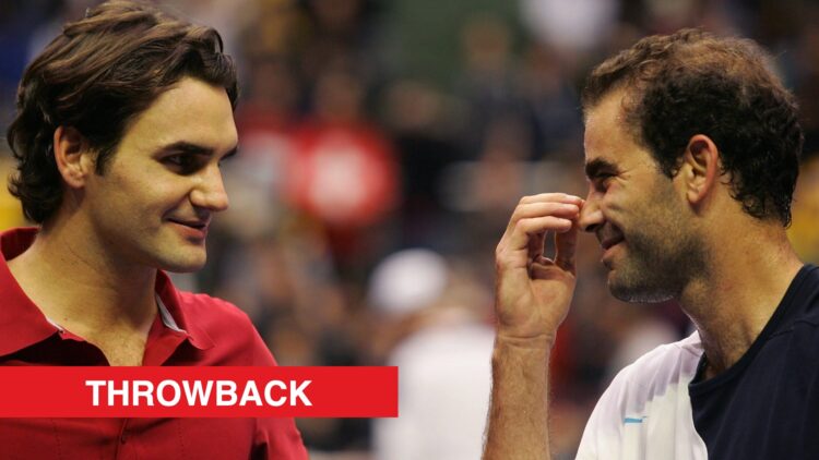 Roger Federer and Pete Sampras talking to each other at an exhibition event in 2007, with a throwback label.