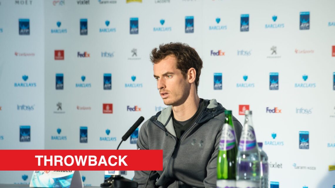 Andy Murray at an ATP Finals press conference in 2016, with a throwback label.