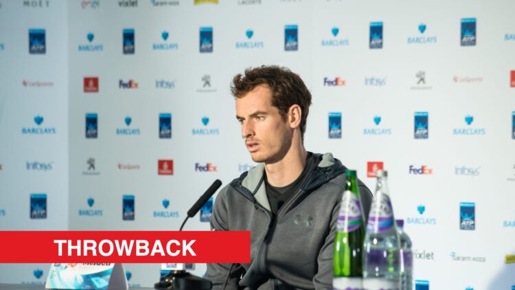 Andy Murray at an ATP Finals press conference in 2016, with a throwback label.