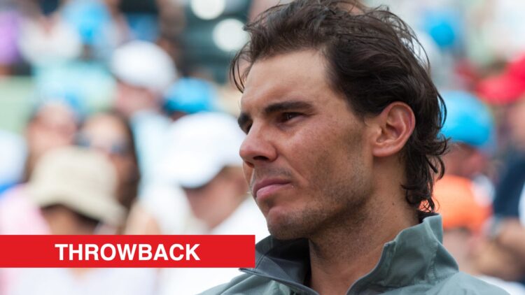 Rafael Nadal looking on at the Miami Open in 2014, with a throwback label.