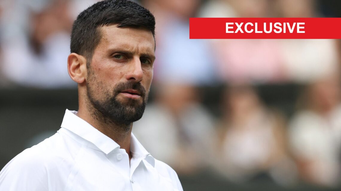 Image of Novak Djokovic looking on during his win over Alex de Minaur at Wimbledon in 2025