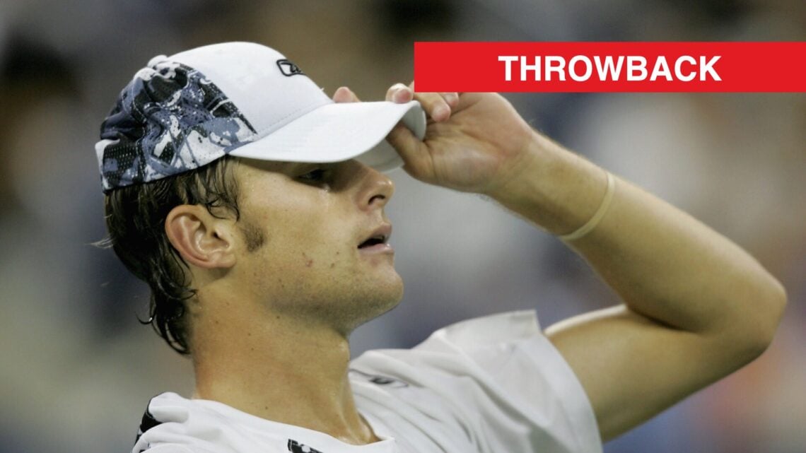 Andy Roddick reacting at the 2004 US Open, with a throwback label.