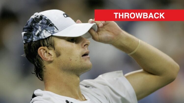 Andy Roddick reacting at the 2004 US Open, with a throwback label.