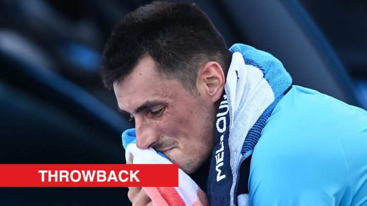Bernard Tomic reacting at the 2021 Australian Open, with a throwback label.