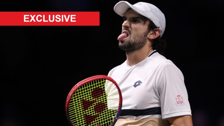 Image of Valentin Vacherot reacting with his tongue out during defeat to Felix Auger-Aliassime in the 2025 Paris Masters quarterfinals