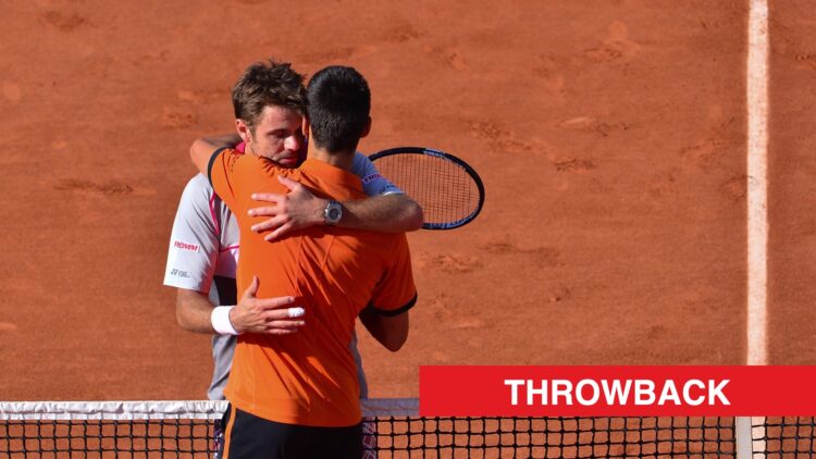 Novak Djokovic and Stan Wawrinka embrace at the net at Roland Garros in 2015, with a throwback label.