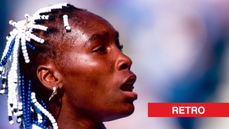 Venus Williams looking on at the 1997 US Open, with a retro label.