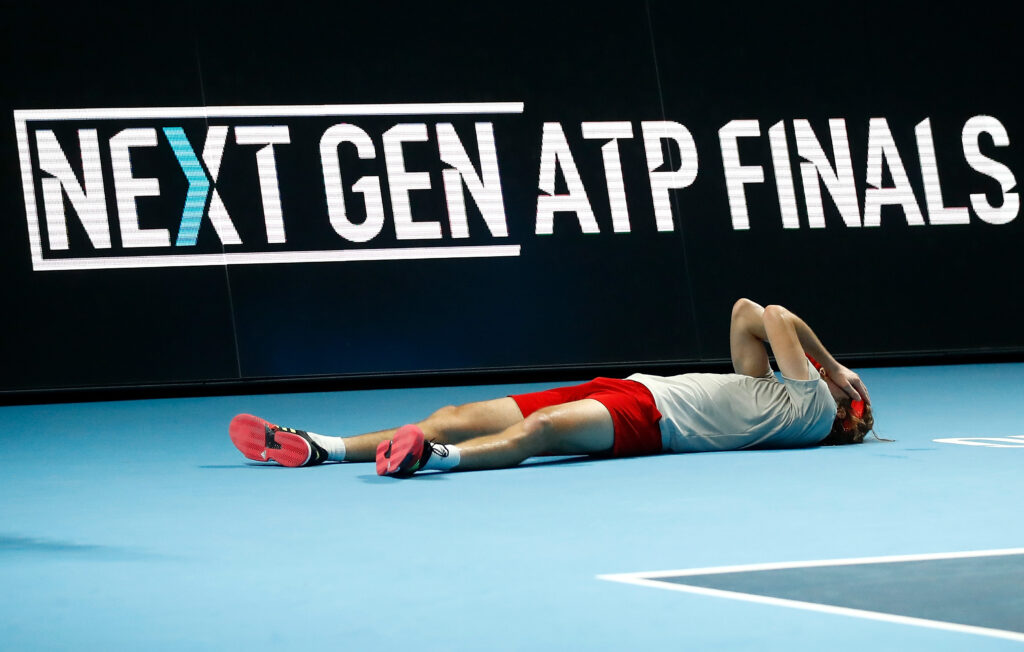 Stefanos Tsitsipas reacts after winning the Next Gen ATP Finals.