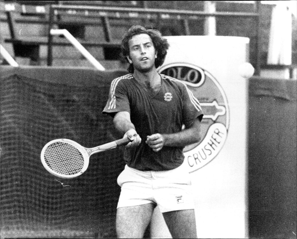 Davis Cup Practice -- The Australian and Italian Davis Cup teams practiced at White City today.Italian, Paolo Bertolucci during practice. November 30, 1977.