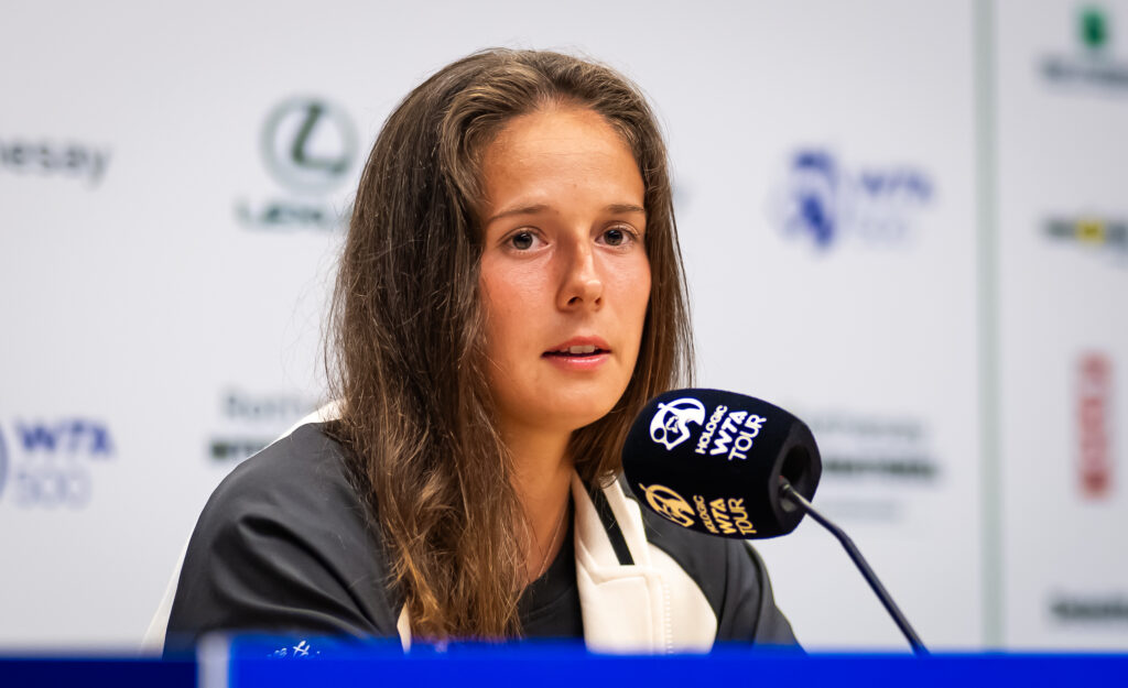 Daria Kasatkina talks to the media after beating Anhelina Kalinina in Eastbourne in 2023.