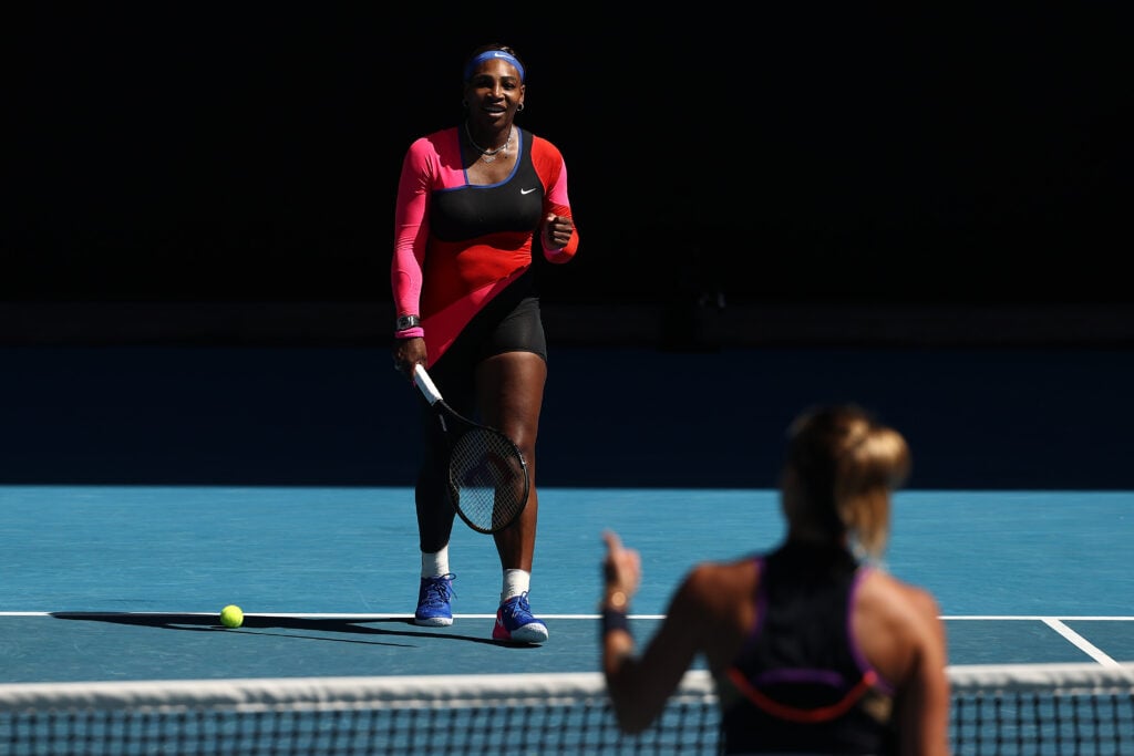 Serena Williams approaches the net at the 2021 Australian Open.