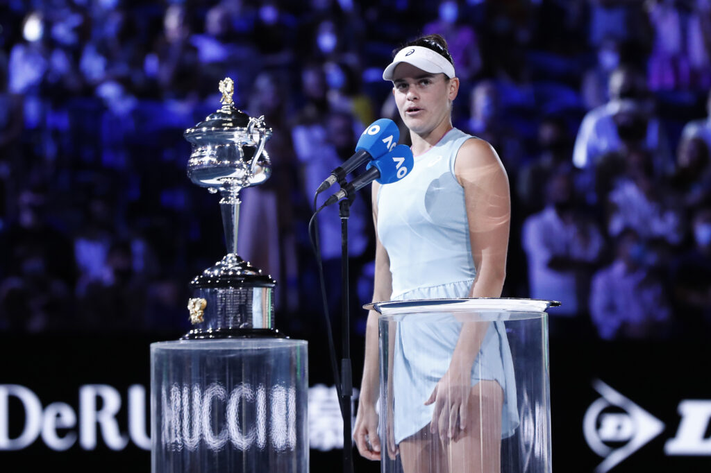 Jennifer Brady speaks on court after losing in the 2021 Australian Open final to Naomi Osaka.