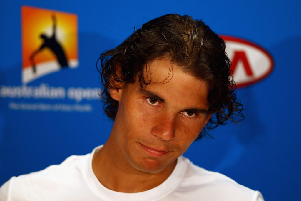 Rafael Nadal reacts at a press conference in 2012.
