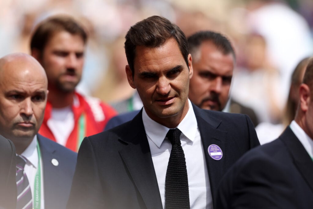 Roger Federer arrives on day seven of the 2022 Wimbledon Championships