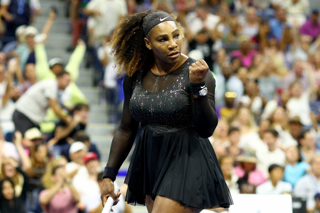 Serena Williams celebrates winning a point against Danka Kovinic at the 2022 US Open.