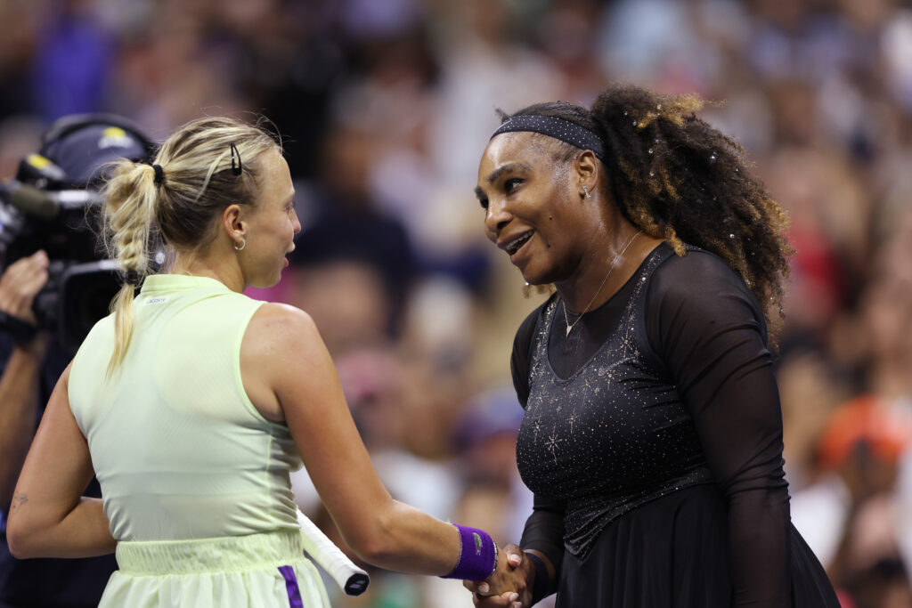 Serena Williams and Anett Kontaveit shake hands after their match at the 2022 US Open