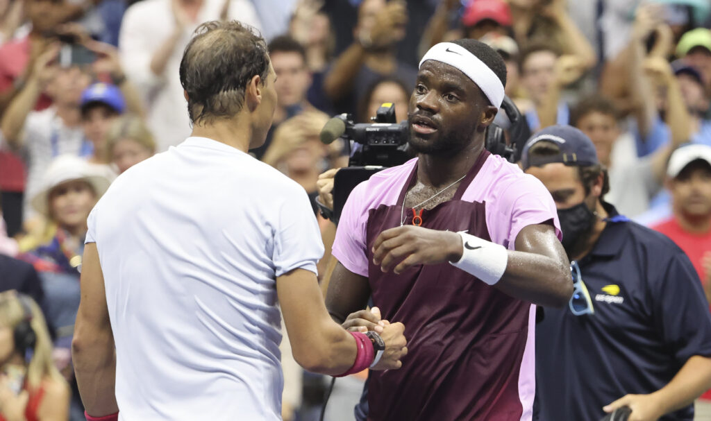Frances Tiafoe and Rafael Nadal shake hands after their match at the 2022 US Open