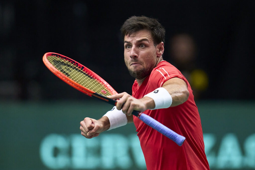 Bernabe Zapata Miralles celebrates his win at the 2023 Davis Cup Finals