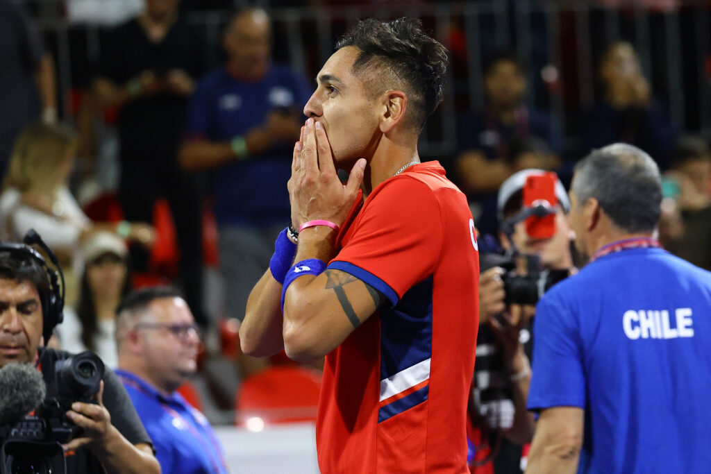 Alejandro Tabilo celebrates a win for Chile at the 2024 Davis Cup
