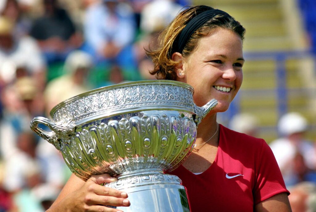 Lindsay Davenport celebrates with the Eastbourne Open title in 2001
