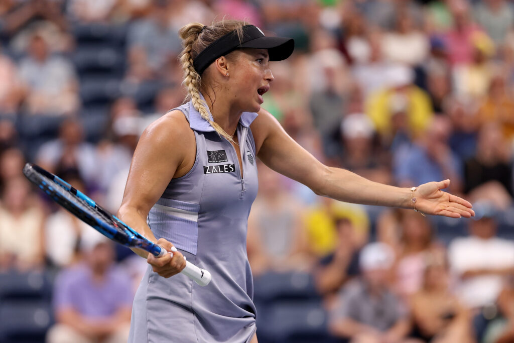 Yulia Putintseva reacts during her defeat to Jasmine Paolini at the 2024 US Open