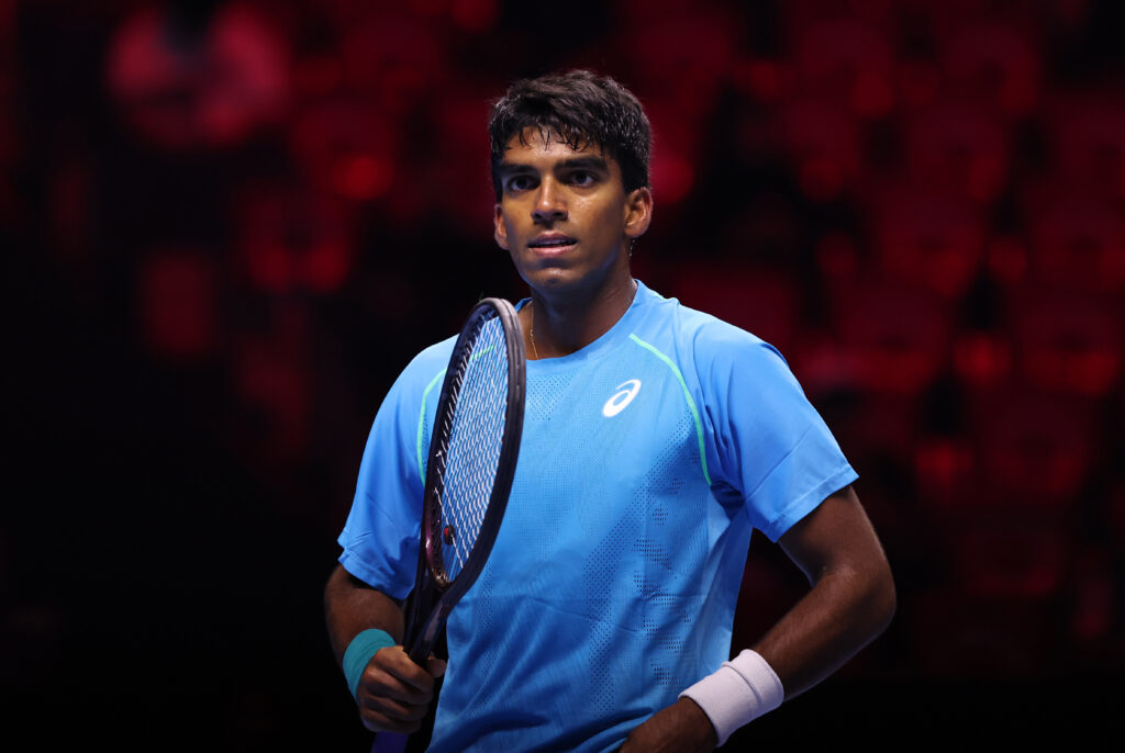 Nishesh Basavareddy reacts at the Next Gen ATP Finals in 2024.