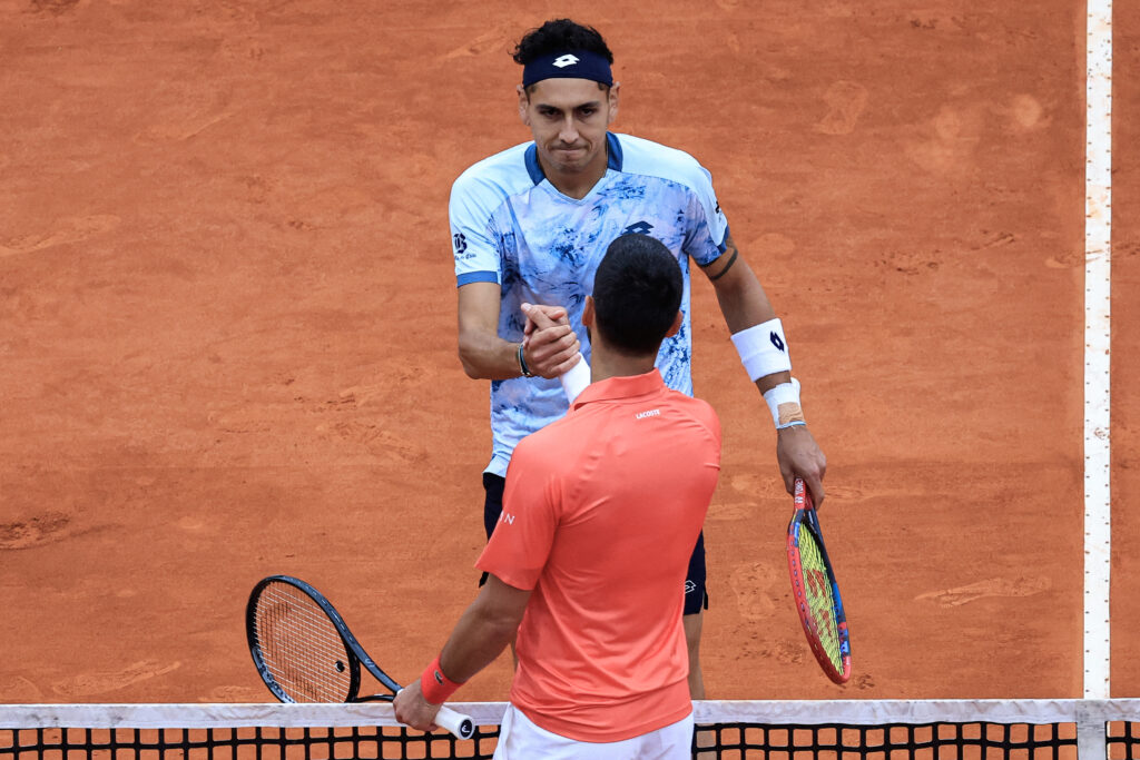 Alejandro Tabilo and Novak Djokovic shake hands after their match at the 2025 Monte-Carlo Masters