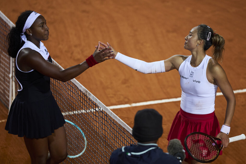 Coco Gauff shakes hands with Qinwen Zheng after beating her in the semifinals of the 2025 Italian Open.