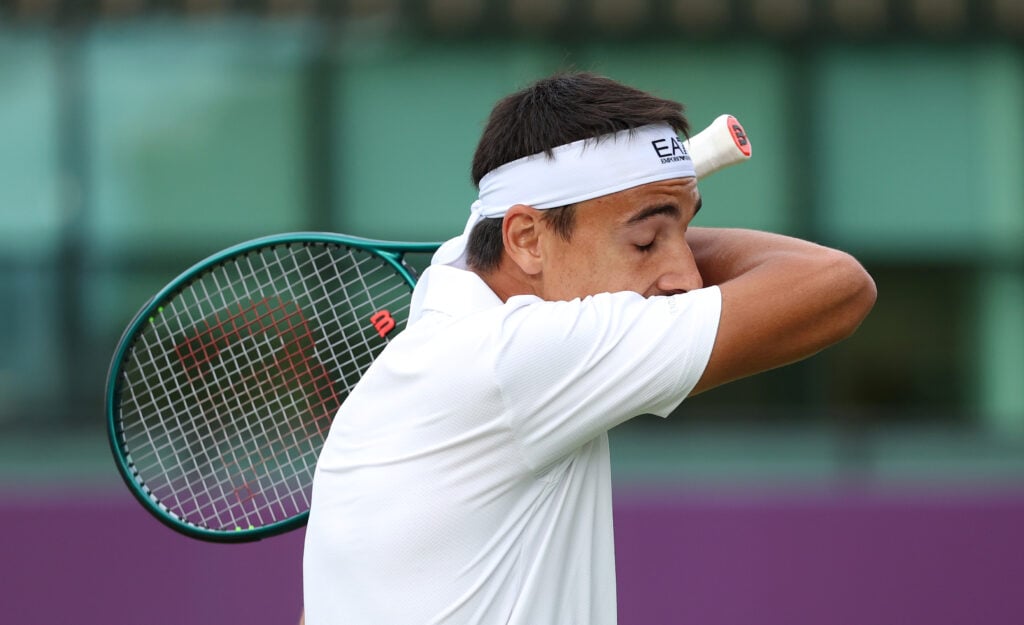 Lorenzo Sonego reacts during his second-round win at Wimbledon in 2025