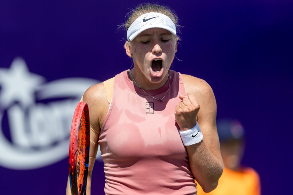 Alina Korneeva celebrates during the 2025 Poland Open