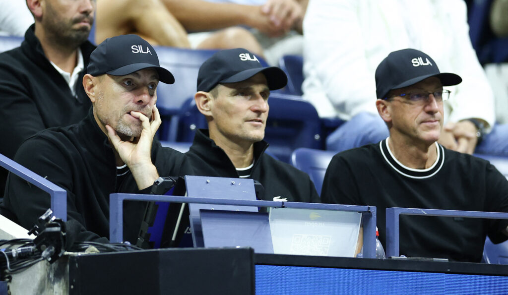 Novak Djokovic's coaching team watch him play at the 2025 US Open