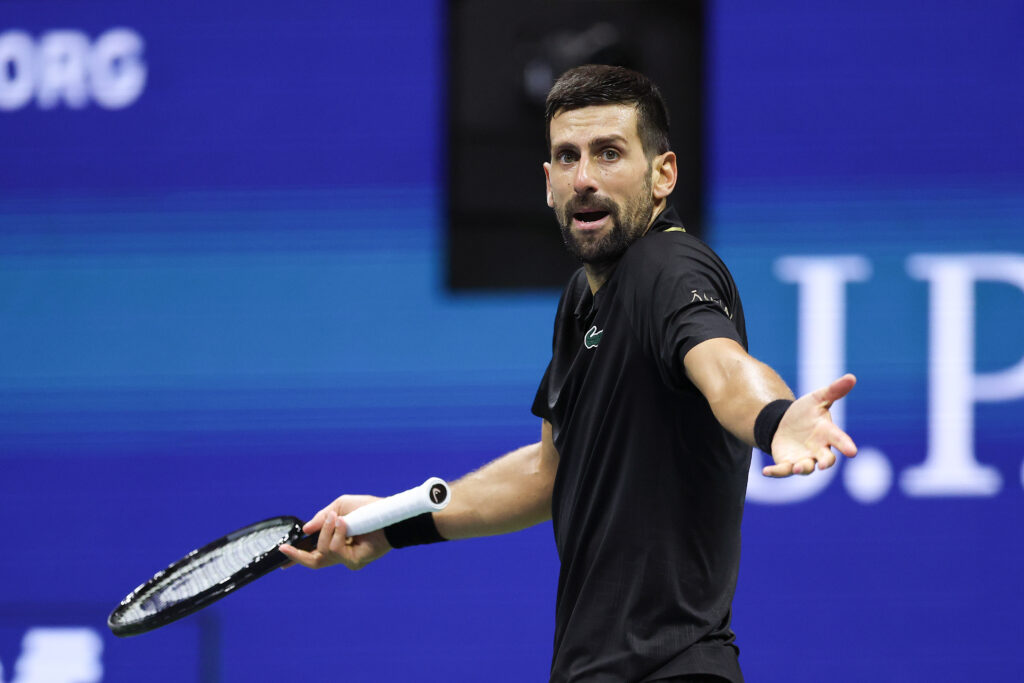 Novak Djokovic reacts during his win over Taylor Fritz at the 2025 US Open